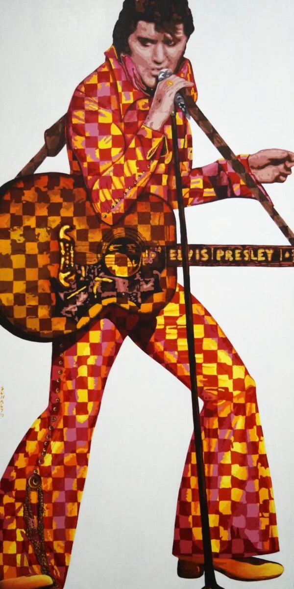 This is an original contemporary figurative POP Art painting of a rectangular shape. It is an acrylic on canvas artwork with a white background. In the center, and occupying the majority of the canvas, is the full-length figure of the World Famous and evergreen “Elvis Presley” an American singer and actor, the “King of Rock and Roll”. His entire figure is covered in my signature style of checks primarily in contrasting hues of red and yellow along with other bright and vibrant shades, making the painting well-balanced and very attractive. This artwork is from my series "Lights! Camera!! Action!!!" Elvis Presley, Pop Art paintings, canvas painting online, famous modern artist, original contemporary art for sale