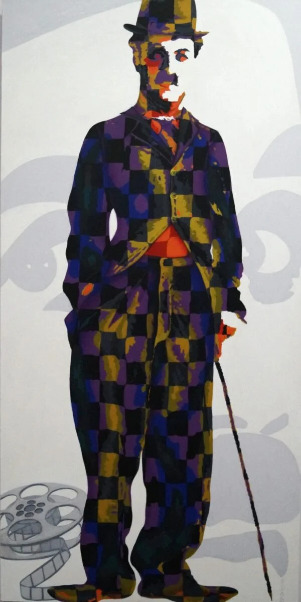 This is an original contemporary figurative POP Art painting of a rectangular shape. It is an acrylic on canvas artwork with a white background. In the center, and occupying the majority of the canvas, is the full-length figure of the World Famous Actor and comedian, Charlie Chaplin as the Tramp, cinema's "most universal icon". His entire figure is covered in my signature style of checks primarily in contrasting hues of purple and black along with other bright and vibrant shades, making the painting well-balanced and very attractive. This artwork is from my series "Lights! Camera!! Action!!!" Charlie Chaplin, famous pop art artists, canvas art online, famous artwork painting, buy wall decor online