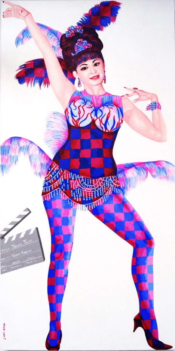 This is an original contemporary figurative POP Art painting of a rectangular shape. It is an acrylic on canvas artwork with a white background. In the center, and occupying the majority of the canvas, is the full-length figure of the world-famous Bollywood actress and dancer “Helen”. She is also known as the “Queen of Cabaret”. Her entire figure is covered in my signature style of checks primarily in contrasting, bright, and vibrant hues of blue, purple, and pink, making the painting well-balanced and very attractive. This artwork is from my series "Lights! Camera!! Action!!!" Helen, pop art online, contemporary art online, famous modern painters, canvas art for sale