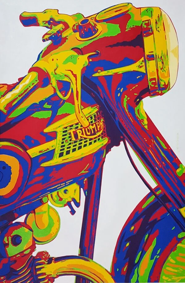 This is an original contemporary POP Art painting of a rectangular shape. It is an acrylic on canvas artwork with the Classic Vintage Triumph Motorcycle in the center, and occupying the majority of the canvas. The entire automobile is covered in bright, and vibrant colors of red, yellow, green, blue, and more, making the painting well-balanced and very attractive. This artwork is from my series "Automobiles - Classic meets POP" Triumph Motorcycle, famous pop art, large canvas wall art for living room, fine art canvas, famous artist paintings for sale
