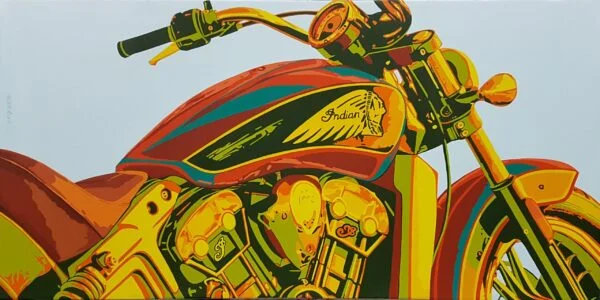 This is an original contemporary POP Art painting of a rectangular shape. It is an acrylic on canvas artwork with the Classic Vintage Indian Motorcycle in the center, and occupying the majority of the canvas. The entire automobile is covered in bright, and vibrant colors of red, yellow, green, orange, and more, making the painting well-balanced and very attractive. This artwork is from my series "Automobiles - Classic meets POP" Indian Motorcycle, realism art paintings, large wall art for living room, fine artwork, famous paintings for sale