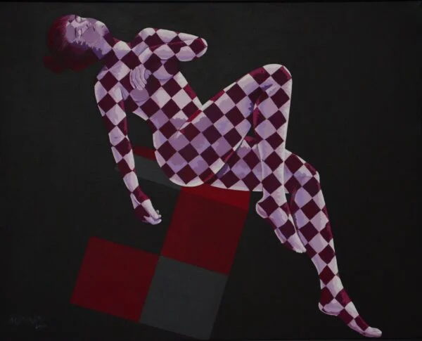 This is an original contemporary figurative painting of a rectangular shape. It is an acrylic on canvas artwork with an black and white background. As part of its composition, in the center, and occupying the majority of the canvas, is a beautiful young woman reclining on a cube in an artistic and graceful pose. The entire composition is in contrasting and vibrant hues of red, purple, white and more to make a perfectly balanced and attractive painting. The female figure is covered in checks which form my signature style of symetric shapes. This painting portrays the romantic moments shared by a couple in love. This work is from my figurative series called "We two together". Reclining Lady, romantic couple art, artist online store, best modern painters, buy affordable art online