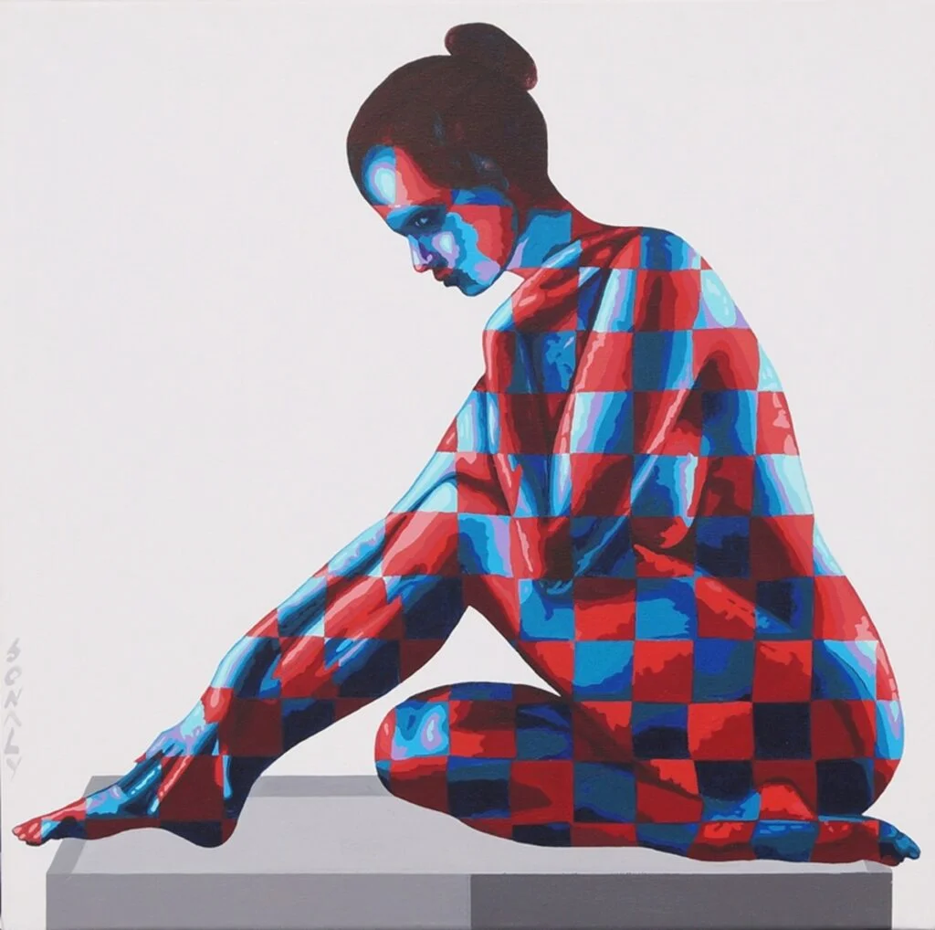 This is an original contemporary figurative painting of a square shape. It is an acrylic on canvas artwork with an off-white background with a subtle touch of light grey to it. In the center, and occupying the majority of the canvas, is a beautiful young woman sitting in an artistic pose on a grey stool. Her entire figure is covered in my signature style of checks in elegant contrasting hues of red and blue, making the painting well-balanced and very attractive. Through this painting, I capture the graceful and elegant posture and expression of the protagonist who is in deep thoughts of her lover. With a modern-day woman as the focal point, these artworks celebrate her inherent beauty, while also embracing her emotional expressions. Lady 4, woman art painting, art shipping, best Acrylic on Canvas, artwork for sale