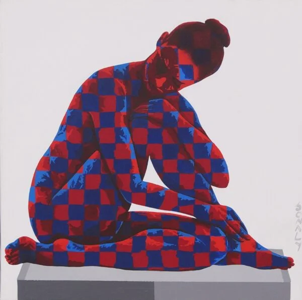 This is an original contemporary figurative painting of a square shape. It is an acrylic on canvas artwork with an off-white background with a subtle touch of light grey to it. In the center, and occupying the majority of the canvas, is a beautiful young woman sitting in an artistic pose on a grey stool. Her entire figure is covered in my signature style of checks in elegant contrasting hues of red and blue, making the painting well-balanced and very attractive. Through this painting, I capture the graceful and elegant posture and expression of the protagonist who is in deep thoughts of her lover. With a modern-day woman as the focal point, these artworks celebrate her inherent beauty, while also embracing her emotional expressions. Lady 3, female paintings, art paintings near me, beautiful art, artist paintings for sale