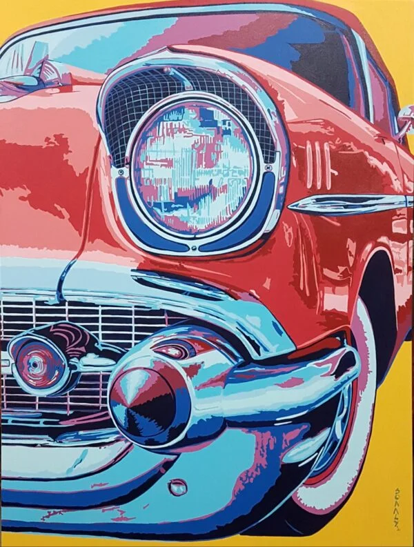 This is an original contemporary POP Art painting of a rectangular shape. It is an acrylic on canvas artwork with the Classic Vintage Car Chevy Bel Air 1957 in the center, and occupying the majority of the canvas. The entire automobile is covered in bright, and vibrant hues of red, blue, white and more, making the painting well-balanced and very attractive. This artwork is from my series "Automobiles - Classic meets POP" Chevy Bel Air 1957, pop art artists, living room art, geometric artworks, fine art for sale