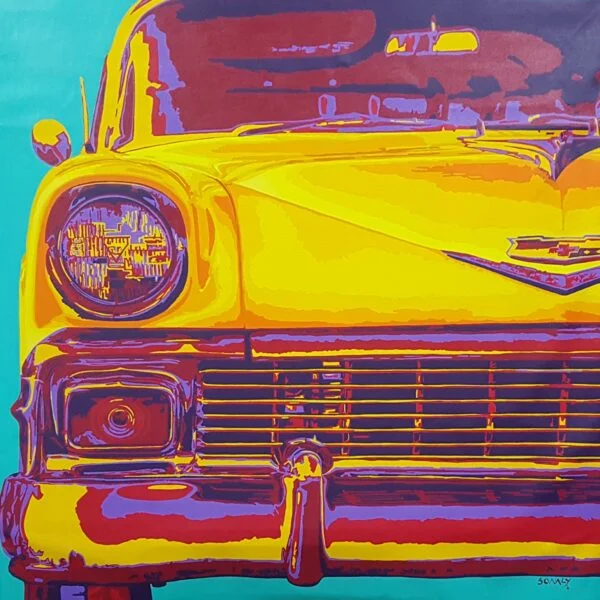 This is an original contemporary POP Art painting of a rectangular shape. It is an acrylic on canvas artwork with the Classic Vintage Car Chevy Bel Air 1956 in the center, and occupying the majority of the canvas. The entire automobile is covered in bright, and vibrant colors of red, yellow, purple, and more, making the painting well-balanced and very attractive. This artwork is from my series "Automobiles - Classic meets POP" Chevy Bel Air 1956, pop artists painters, local artists, how to become an art collector, fine art for sale online