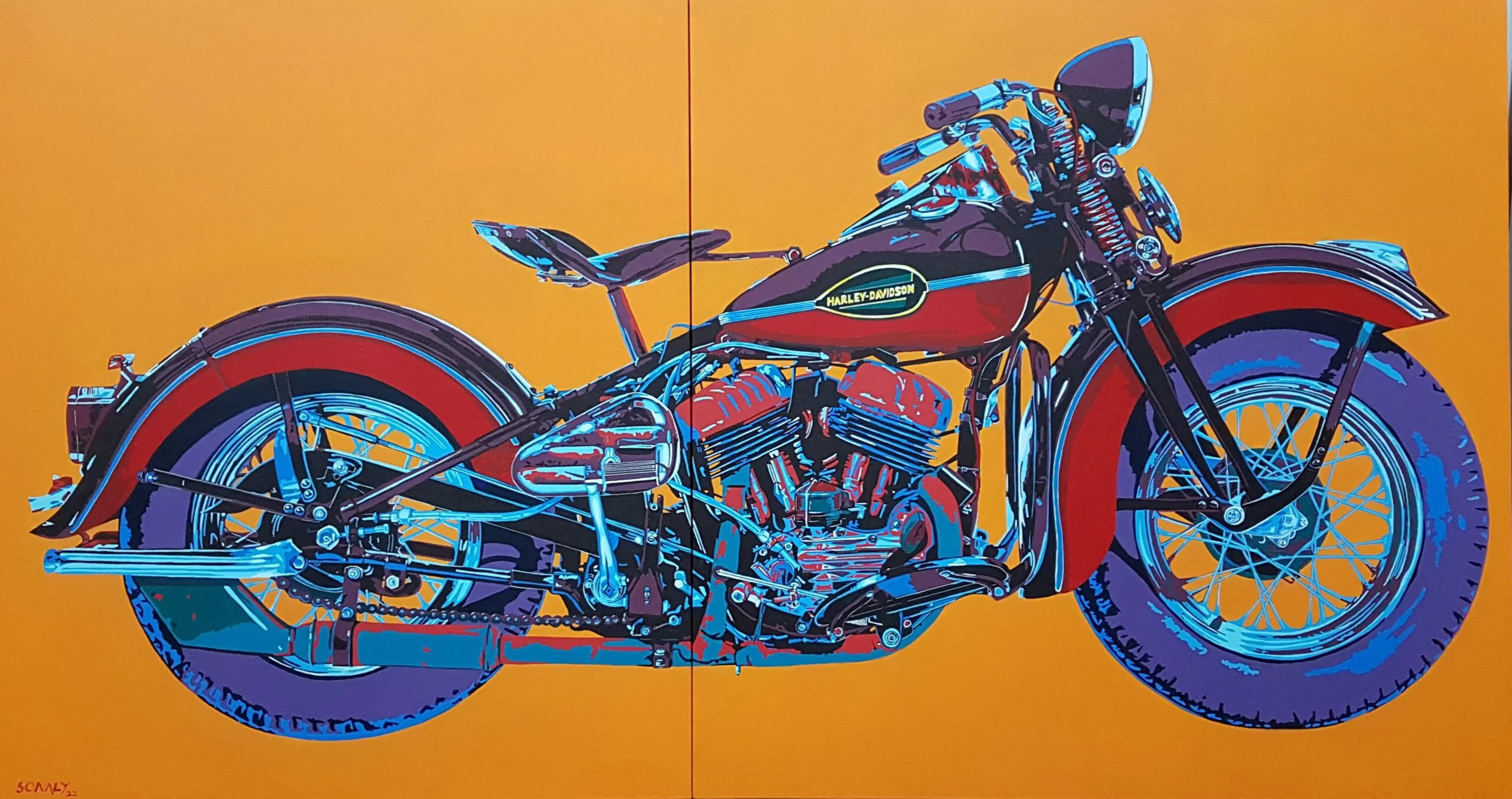 This is an original contemporary POP Art painting of a rectangular shape. It is an acrylic on canvas artwork with the Classic Vintage Motorcycle Harley Davidson in the center, and occupying the majority of the canvas. The entire automobile is covered in bright, and vibrant colors of red, purple, blue, orange and more, making the painting well-balanced and very attractive. This artwork is from my series "Automobiles - Classic meets POP" Harley Davidson, pop art for sale, modern art online, How to invest in art, good places to buy art
