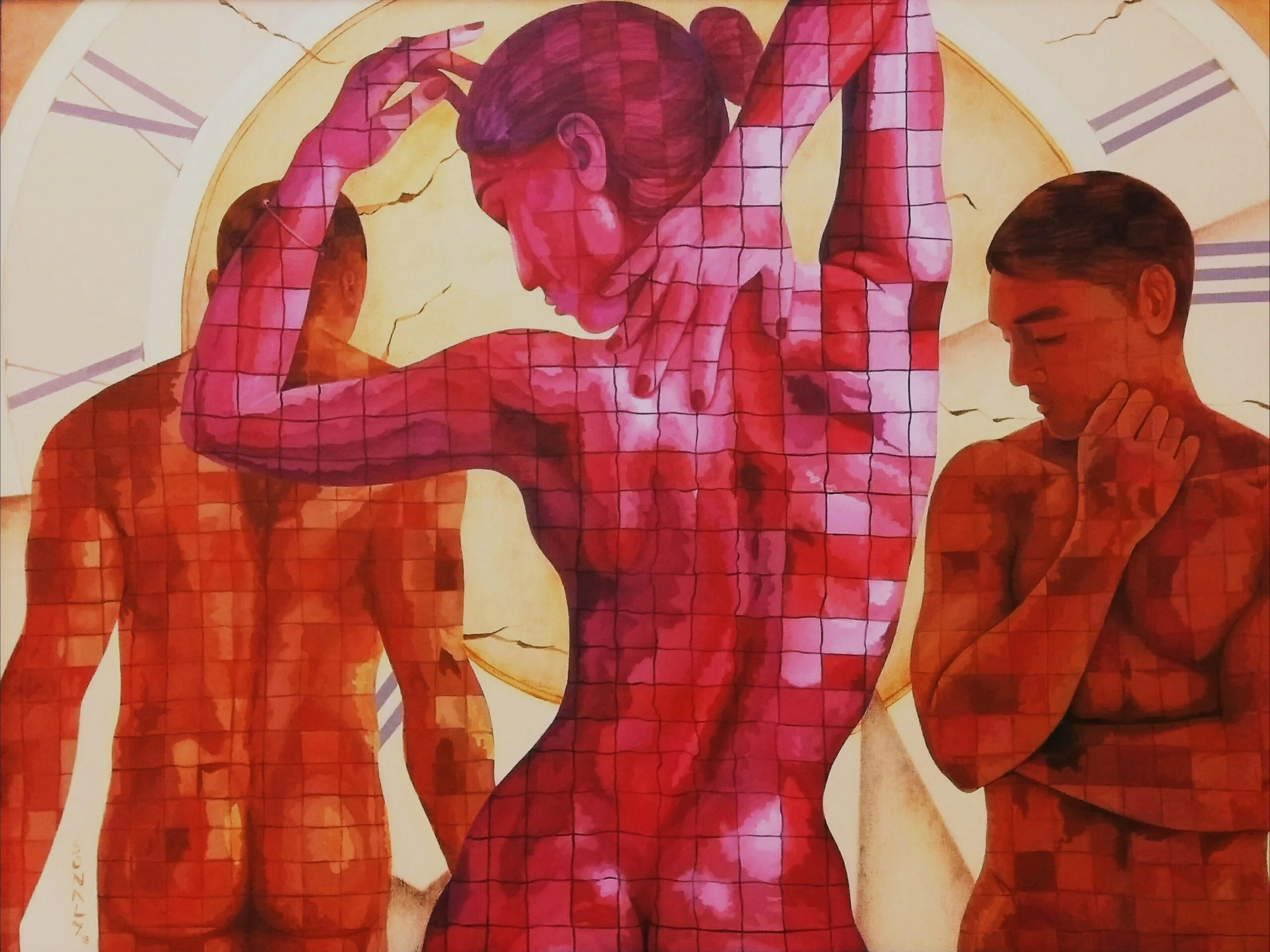 This is an original contemporary figurative painting of a rectangular shape. It is an acrylic on canvas artwork with a light cream-ochre background. At the heart of my painting lies a captivating lady, an embodiment of beauty and grace. Placed intentionally in the center, she acts as the focal point, commanding attention and eliciting intrigue.To her right stands a man, his gaze fixated upon her. His body language displays a longing, a yearning for a connection with the lady. They share a moment frozen in time, encapsulating the intensity of a blossoming relationship. On her left, however, stands another man who portrays a contrasting stance. He is turned away, walking in the opposite direction. His posture speaks about the transitory nature of relationships. He represents the inevitability of people drifting apart as time passes. Through my painting, I invite viewers to reflect on their own relationships and the profound impact of time on their lives and to cherish the present, navigate the challenges of the present moment, and embrace the uncertainty of what lies ahead. I use vibrant hues of pink, orange, ochre and sienna to bring out the best in the composition. The figures are covered in horizontal and vertical lines which form my signature style of checks. This artwork is from my figurative series called "We two together" Enjoy free shipping on all orders, and bring a piece of lovely collectible art home today. Changing Times, deep meaningful art, bathroom wall decor, contemporary wall art, buy original paintings online