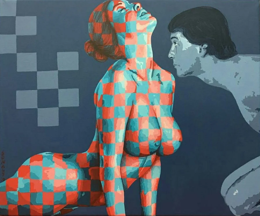 This is an original contemporary figurative painting of a rectangular shape. It is an acrylic on canvas artwork with a blue-grey background. As part of its composition, it has a man on the right, in hues of blue-grey. In the center, and occupying the majority of the canvas, is a beautiful young woman reclining in an artistic pose, her head bent backward with an expression of ecstacy. She is covered in vibrant and contrasting hues of orange and blue in a very balanced manner, making the painting very attractive. She is covered in horizontal and vertical lines which form my signature style of checks, covering her entire figure. Through this painting, I capture a moment when the couple are enjoying their togetherness and celebrating their love. This artwork is from my figurative series called "Bold and Beautiful". Couple in Love 13, erotic art, art shop, best Acrylic on Canvas painting, artwork for sale online