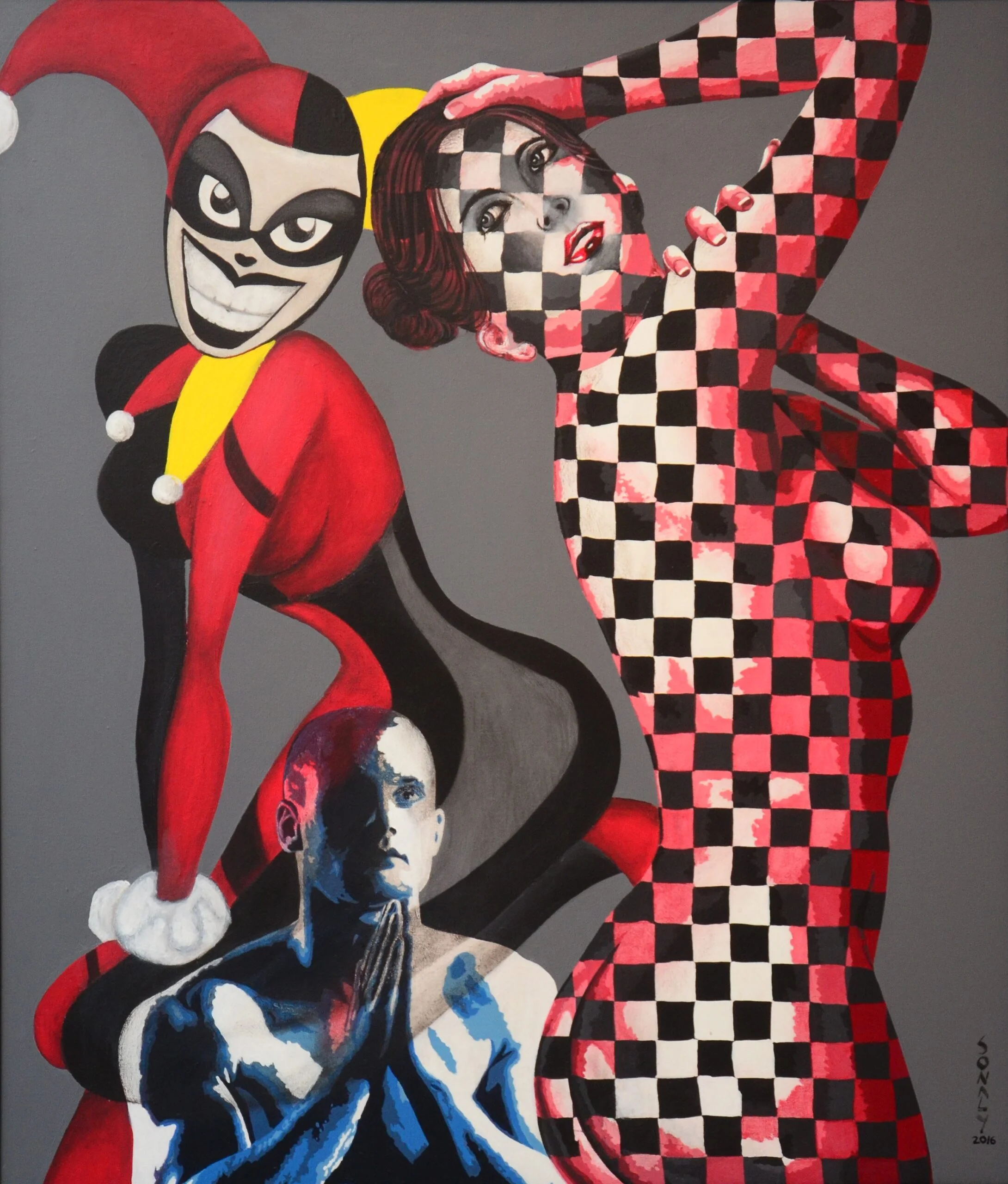 This is an original contemporary figurative painting of a rectangular shape. It is an acrylic on canvas artwork with a grey background. At the right of the painting, we see a beautiful lady standing gracefully in an artistic pose. At the bottom is her lover, sitting with folded hands, with a persuasive expression. On the left is an elegant female Joker with an amused expression. The entire composition is in vibrant hues of red, white, yellow, blue, black, and more in a very balanced manner, making the painting very attractive. The lady's figures is covered in my signature style of checks. In this composition, I capture a naughty moment where the man is trying to persuade his lover who is upset with him. I use the laughing joker as a lighthearted element to remind us of the inevitable ups and downs that all relationships have to endure. This artwork is from my figurative series called "We two together" Couple and the Joker, famous love painting, artwork shops, cheap art prints, buy modern art