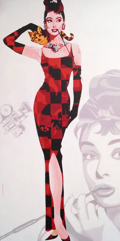 This is an original contemporary figurative POP Art painting of a rectangular shape. It is an acrylic on canvas artwork with a white background. In the center, and occupying the majority of the canvas, is the full-length figure of the World Famous and evergreen “Audrey Hepburn” a British actress and humanitarian in her famous pose from the movie “Breakfast at Tiffany’ s” Her entire figure is covered in my signature style of checks primarily in contrasting hues of red and black along with other bright and vibrant shades, making the painting well-balanced and very attractive. This artwork is from my series "Lights! Camera!! Action!!!" Audrey Hepburn, pop art painting, canvas wall art for living room, famous modern artwork, original fine art for sale