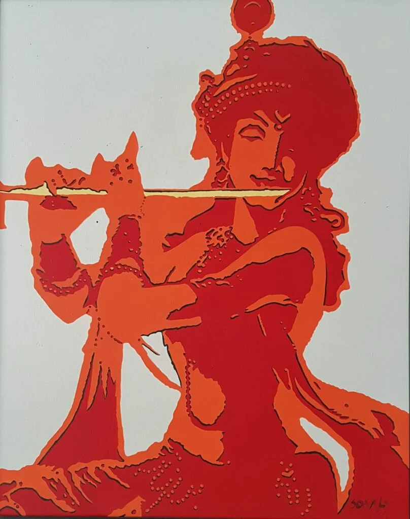 This is an original contemporary painting of a rectangular shape. It is an acrylic on canvas artwork with an off-white background. In the center and occupying the majority of the canvas is a beautiful image of Lord Krishna playing the flute. What adds beauty and balance to the composition is the use of the red and orange color on the entire image of Lord Krishna. The composition is in contrasting hues of brown and white, making the painting well-balanced and very attractive. This minimalist artwork is from my series "Mythology" Krishna, krishna painting, Famous Indian Contemporary Artist, famous painter painting, canvas paintings for sale, minimalist art