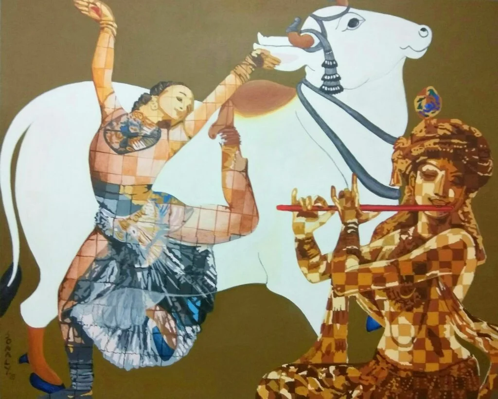 This is an original contemporary painting of a rectangular shape. It is an acrylic on canvas artwork with a brown background. The composition has a beautiful white cow in the background, occupying the majority of the canvas. Overlapping with the cow, on the center-right is Lord Krishna playing the flute while the beautiful Radha dances to its tune in the center-left of the canvas. The figures of Radha and Krishna are covered in my signature style of checks in contrasting and vibrant hues making the painting well-balanced and very attractive. This artwork is from my series "Mythology" Radha Krishna and Cow, beautiful radha krishna, extra large wall art for living room, famous modern paintings, canvas artwork for sale