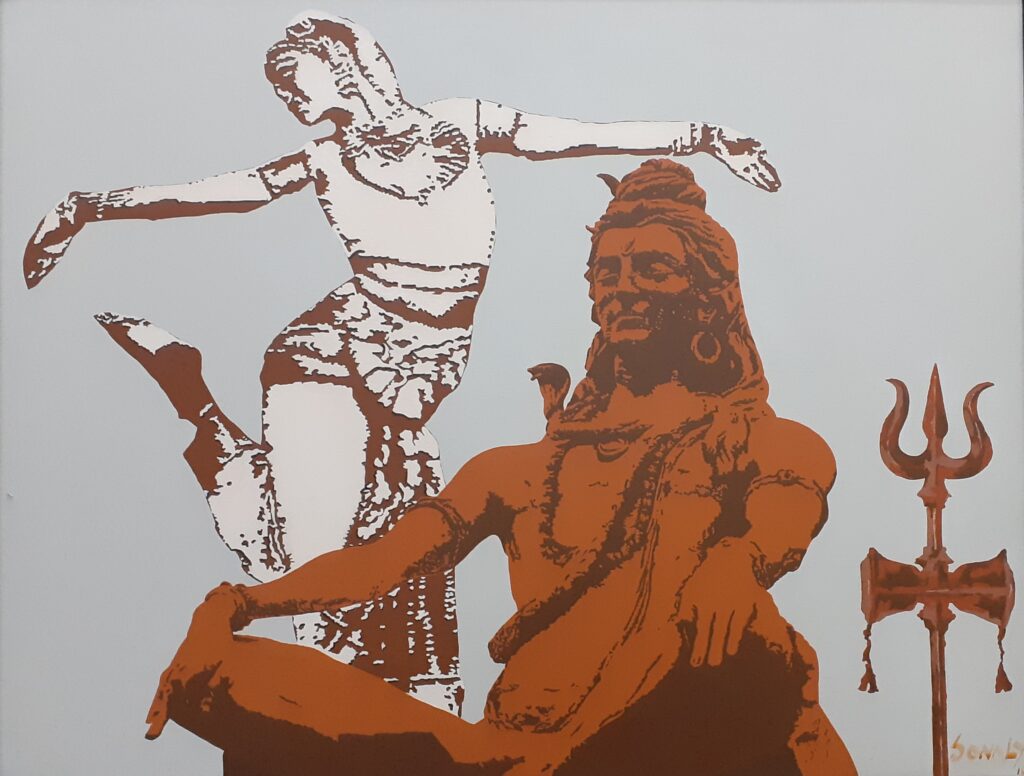 This is an original contemporary painting of a rectangular shape. It is an acrylic on canvas artwork with an off-white background. On the center-right of the canvas is Lord Shiva sitting in a meditative posture, with his Trishul and Damru beside him, while the beautiful Goddess Parvati dances in the background. The composition is in contrasting hues of brown and white, making the painting well-balanced and very attractive. This minimalist artwork is from my series "Mythology" shiv parvati, lord shiva painting, famous indian artists, famous painter, canvas painting sale online