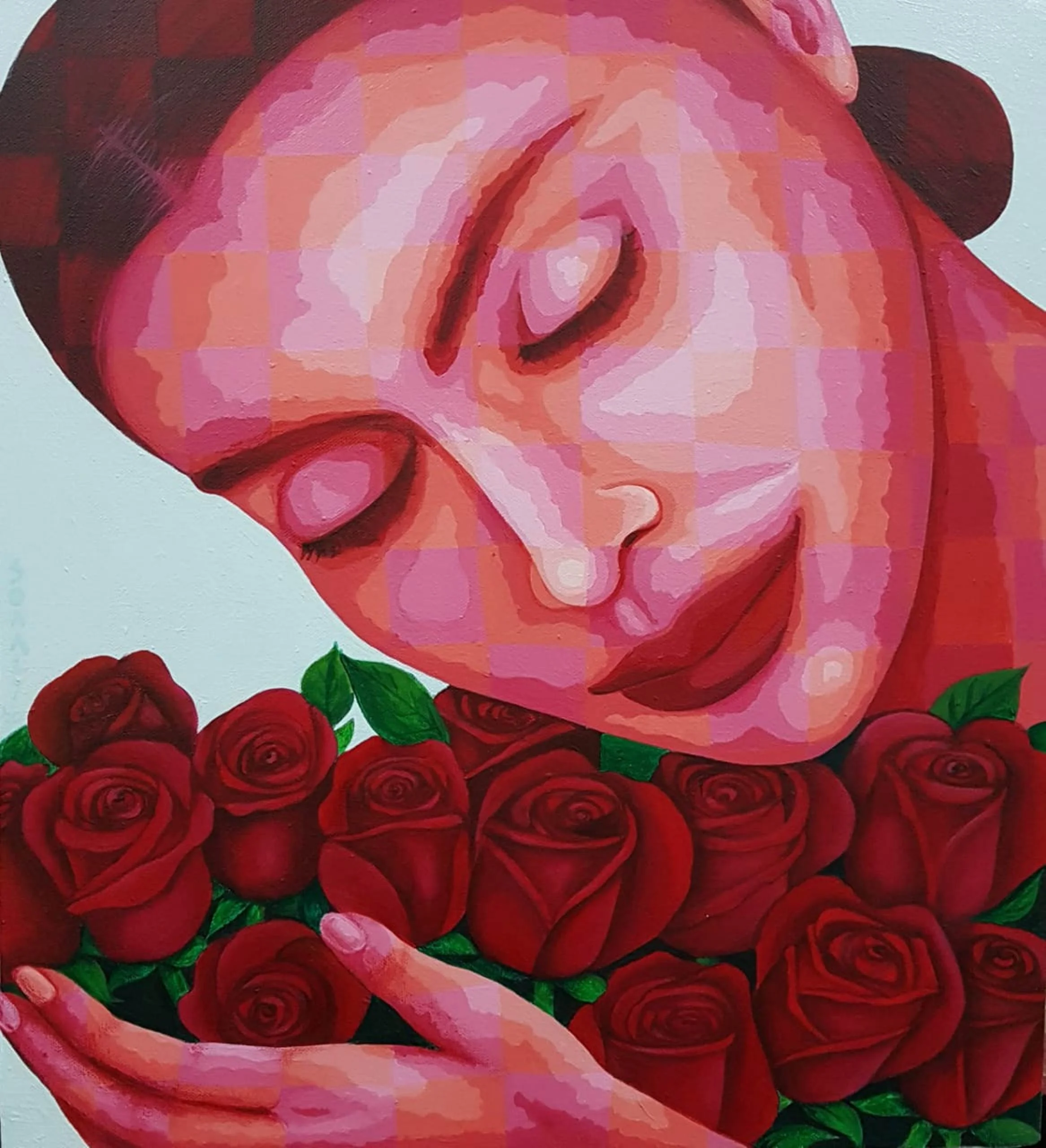 This is an original contemporary portrait painting of a rectangular shape. It is an acrylic on canvas artwork with a light blue-green background. In the center, and occupying the majority of the canvas, is the face of a beautiful young woman with her head at a slight angle. She has a very peaceful and happy expression on her face. With her eyes closed and a gentle smile she hugs a bunch of beautiful red roses. She is covered in my signature style of checks in subtle, contrasting hues of red and pink. This artwork is from my series "In Harmony with Nature" Through this painting, I aim to capture the awe-inspiring connection between humans and the exquisite tapestry of nature that envelops us. It’s our responsibility to be compassionate towards all living creatures around us and live in harmony with nature. Lady and Roses, contemporary portrait painters, art painting near me, artwork canvas painting, art for sale