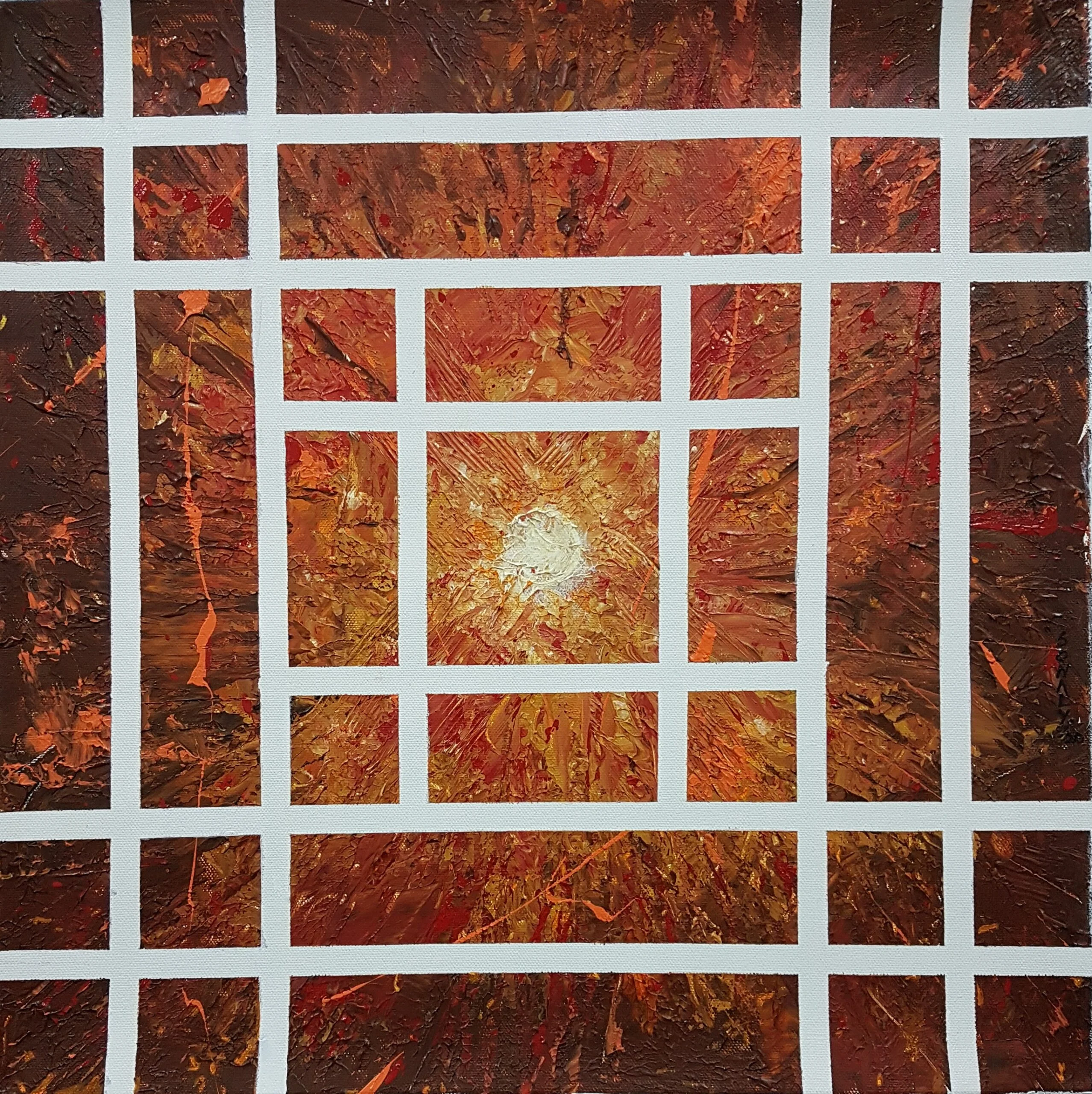 This is an original contemporary acrylic on canvas painting of a square shape. It is a heavily textured, abstract artwork in vibrant colors like white, yellow, orange, and brown in a very balanced manner, making the painting very attractive. The entire canvas is covered in horizontal and vertical lines which form my signature style of checks. The center of the painting has a white circle that emits rays of colors in all directions. This painting is from my Abstract Series "Rays of Hope" rays of hope 1, small abstract painting in brown, famous indian paintings, famous painters and paintings, cheap art paintings for sale