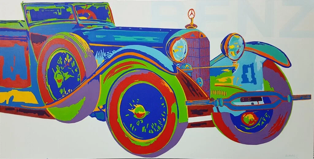 This is an original contemporary POP Art painting of a rectangular shape. It is an acrylic on canvas artwork with the Classic Vintage Car Mercedes Benz in the center, and occupying the majority of the canvas. The entire automobile is covered in bright, and vibrant colors of red, yellow, green, blue, orange and more, making the painting well-balanced and very attractive. This artwork is from my series "Automobiles - Classic meets POP" Mercedes Benz, pop art, indian modern art paintings, female artist painter, contemporary paintings for sale