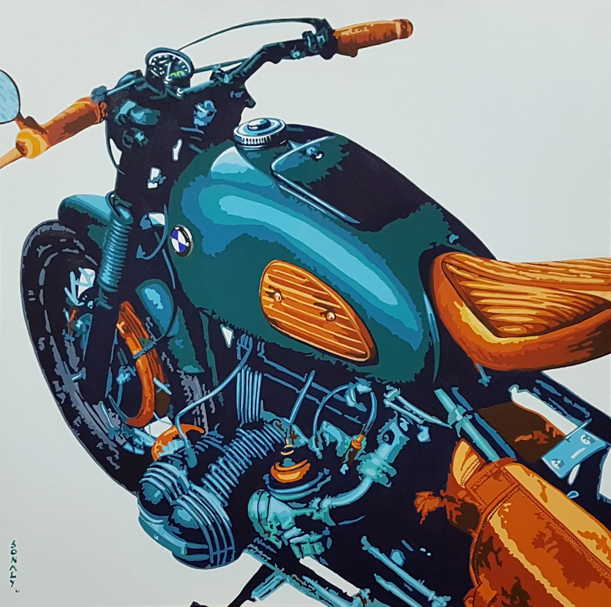 This is an original contemporary POP Art painting of a square shape. It is an acrylic on canvas artwork with the Classic Vintage BMW Motorbike in the center, and occupying the majority of the canvas. The entire automobile is covered in bright, and vibrant colors of blue-green, orange and more, making the painting well-balanced and very attractive. This artwork is from my series "Automobiles - Classic meets POP" BMW Motorcycle, pop art shop, local paintings, how to find cheap good art, fine paintings for sale