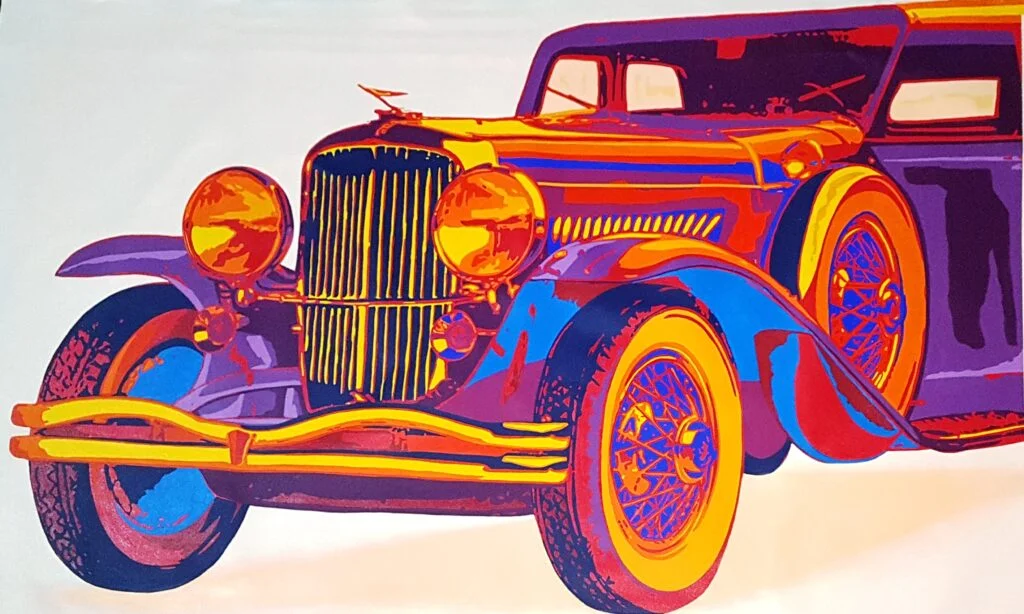 This is an original contemporary POP Art painting of a rectangular shape. It is an acrylic on canvas artwork with the Classic Vintage Car Duesenberg in the center, and occupying the majority of the canvas. The entire automobile is covered in bright, and vibrant colors of purple, red, yellow, blue, orange, and more, making the painting well-balanced and very attractive. This artwork is from my series "Automobiles - Classic meets POP" Duesenberg, famous artist pop art, large artwork for living room, female artists, famous art for sale