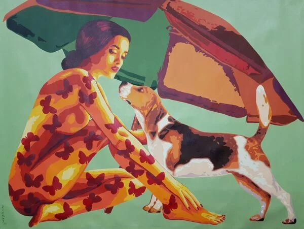This is an original contemporary figurative painting of a rectangular shape. It is an acrylic on canvas artwork titled "Lady dog and Beach Umbrella" with a green background. As part of its composition, it has a beautiful young lady sitting in an artistic pose, under a beach umbrella, on the left, in warm hues of red, yellow, orange, and more. In front of her, on the right is her beloved pet and companion, a dog in hues of brown, ochre, white, and more. The large beach umbrella, covering both figures, is in hues of red, ochre, green, and more. The artwork is composed in a very balanced manner, making the painting very attractive. The female figure is covered with red butterflies which form my signature style of symetric shapes. Through this painting, I capture a moment of deep love and affection between the lady and her dog which is depicted by the loving eye contact between the two. This artwork is from my figurative series called "Shades of Love" through which I aim to portray the enduring bond between humans and their cherished animal companions. Enjoy free shipping on all orders, and bring a piece of lovely collectible art home today.Lady Dog and beach umbrella, dog painting, shop wall art, sonali gandhi artist, where to buy affordable paintings