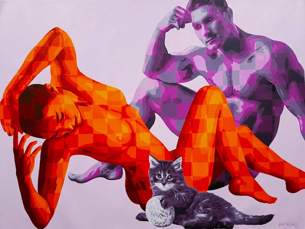 This is an original contemporary figurative painting of a rectangular shape. It is an acrylic on canvas artwork titled "Couple and cat" with a lilac background. In this composition, I have captured a scene that showcases the beautiful bond between a young couple and their beloved pet cat. As the leisurely moments unfold, the man in the painting finds joy in observing the enchanting interaction between his radiant partner and their playful feline companion. This painting encapsulates the deep love and affection that this trio shares, portraying them as a harmonious and adoring family.The female and male figures are covered in contrasting checks which forms my signature style of symetric shapes. This artwork is from my figurative series called "Shades of Love" through which I aim to portray the enduring bond between humans and their cherished animal companions. Enjoy free shipping on all orders, and bring a piece of lovely collectible art home today. Couple and cat, cat painting, sonaly gandhi artist website, sonaly gandhi international, where to buy affordable paintings online