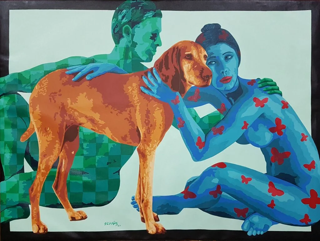 This is an original contemporary figurative painting of a rectangular shape. It is an acrylic on canvas artwork titled "Couple and Dog 2" with a blue-green background. The composition captures the tender gestures and expressions exchanged between the couple and their beloved dog and the genuine love that emanates from each member of the trio. The female and male figures are covered in red butterflies and contrasting checks respectively, which forms my signature style of symmetrical shapes. This artwork is from my figurative series called "Shades of Love" through which I aim to portray the enduring bond between humans and their cherished animal companions. Enjoy free shipping on all orders, and bring a piece of lovely collectible art home today. couple and dog 2, modern figurative art, sonaly gandhi international artist website, sonaly gandhi international artist, where to buy cheap paintings