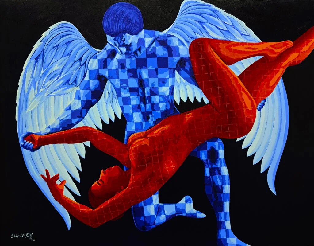 This is an original contemporary figurative painting of a rectangular shape. It is an acrylic on canvas artwork titled "Dance with the Angel" with a dark blue background. In this composition, there exists a magnetic chemistry between the young woman and her heavenly partner. Their bodies meld together seamlessly, a symphony of curves and lines that exude a palpable sensuousness. I use hues of red, blue, and white to symbolize love and peace and to balance the composition with contrasting and bold colors. This artwork is from my figurative series called "The Dance" through which I aim to portray the magical world of dance. Enjoy free shipping on all orders, and bring a piece of lovely collectible art home today. Dance with the Angel, angel art, Top 10 online art, well known paintings, where to buy paintings.