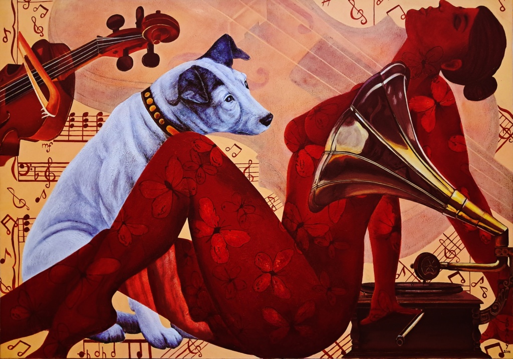 About : This is an original contemporary figurative painting of a rectangular shape. It is an acrylic on canvas artwork. In the realm of artistic expression, my painting “In Harmony” presents a spectacle that integrates an array of symbolic elements. Through the harmonious combination of a dog and a gramophone, accompanied by a tranquil lady delighting in musical bliss, this work transcends the boundaries of conventional art. The infusion of violins and melodious notes in the background adds an enchanting aura to the composition. In this composition, the young lady epitomizes complete consonance with the music, immersing herself in the euphoria it brings. The entire composition is in bright vibrant hues of red, blue, white, brown, ochre and more in a very balanced manner, making the painting very attractive. The main female figure is covered with red butterflies which form my signature style of symmetries. This artwork is from my figurative series called "We two together" Enjoy free shipping on all orders, and bring a piece of lovely collectible art home today. In Harmony, love painting, bedroom wall art, famous artists, buy paintings online Price USD 4500