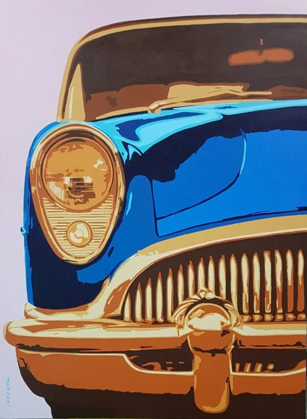 This is an original contemporary POP Art painting of a rectangular shape. It is an acrylic on canvas artwork with the Classic Vintage Car Buick Super Riviera 1953 in the center, and occupying the majority of the canvas. The entire automobile is covered in bright, and vibrant hues of blue, orange, brown, and more, making the painting well-balanced and very attractive. This artwork is from my series "Automobiles - Classic meets POP" Buick Super Riviera 1953, pop culture art, local artists near me, how to become an art cosultant, fine art paintings for sale