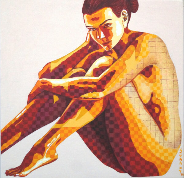 This is an original contemporary figurative painting of a square shape. It is an acrylic on canvas artwork with a light cream-brown background. In the center, and occupying majority of the canvas, is a beautiful young woman sitting in an artistic pose. She is in bright vibrant hues of warm shades like red, yellow, and brown in a very balanced manner, making the painting very attractive. Her entire figure is covered in horizontal and vertical lines which form my signature style of checks. Through this painting, I capture the graceful, elegant and confident posture and expression of the protagonist. With a modern-day woman as the focal point, these artworks celebrate her inherent beauty, while also embracing her boldness in expressing her wants and desires. Beautiful Young Woman 5, realistic artwork, art galleries online shop, art paintings for home, affordable wall art