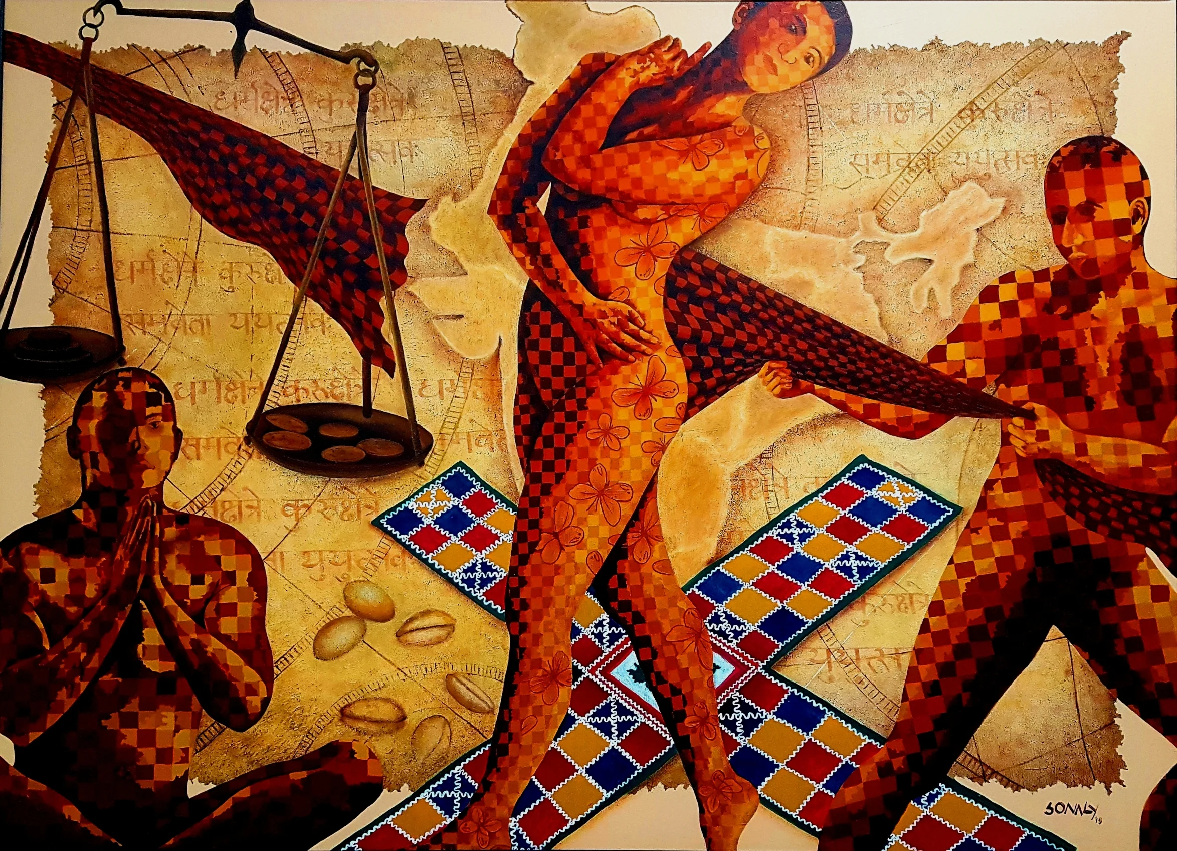 This is an original contemporary figurative painting of a rectangular shape. It is an acrylic on canvas artwork with an ochre-brown background. In this piece of artwork, I delve into the universal issue of harassment and abuse against women, a tragic reality that persists relentlessly in our society. I use hues of orange, ochre, amber and sienna with a contrast of red, blue and yellow to bring out the best in the composition The figures are covered in horizontal and vertical lines which form my signature style of checks. This artwork is from my figurative series called "We two together" Enjoy free shipping on all orders, and bring a piece of lovely collectible art home today.Justice, lust painting, buy painting near me, famous artwork, buy wall art online