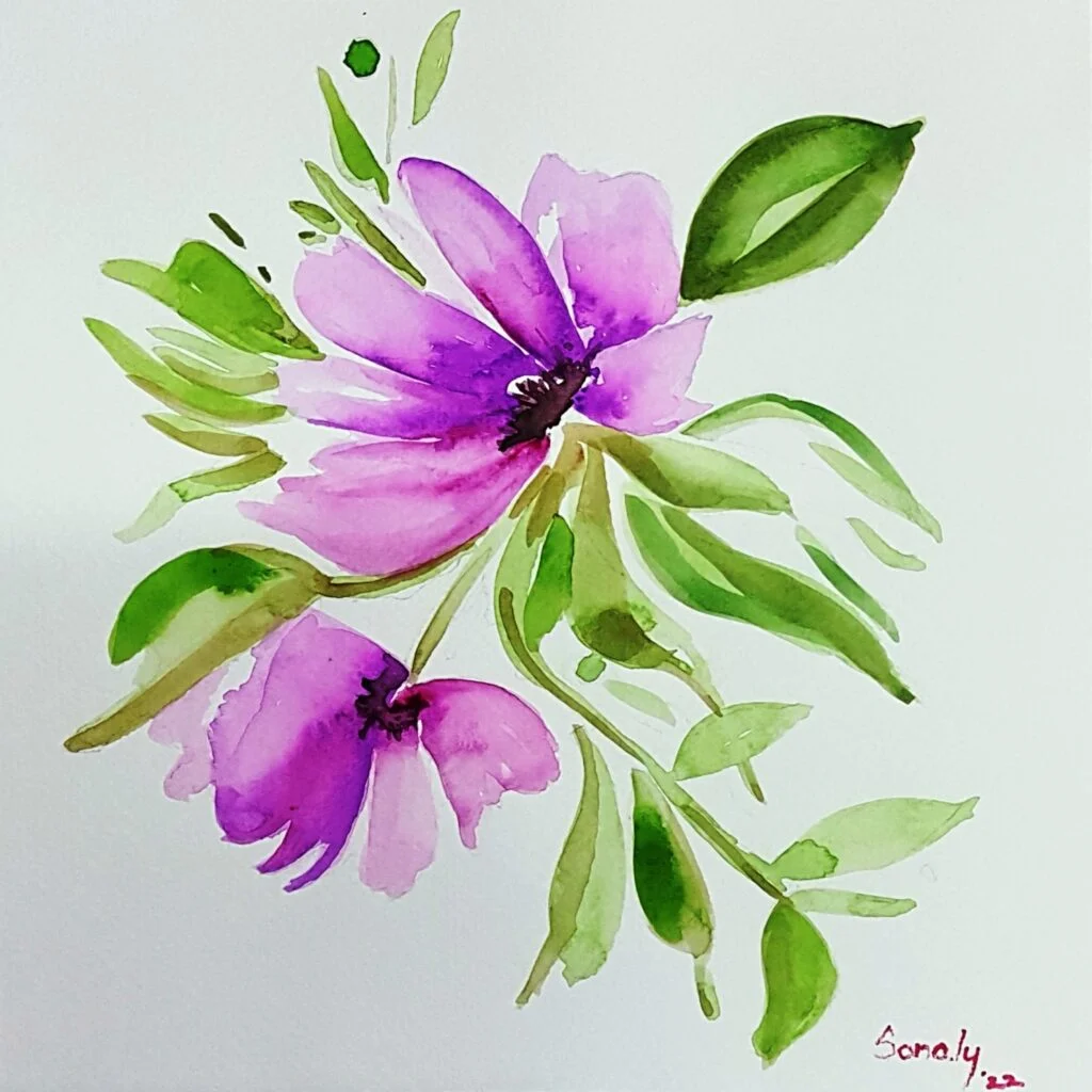 This is an original minimalist watercolor on paper painting of a square shape. The background is paper white with the beautiful Purple Camellia flowers in the center, occupying the majority of the artwork. Painted in bright, and vibrant hues of purple and green, the painting is well-balanced and very attractive. This artwork is from my watercolour series called "Flowers". The fluidity of this medium offers a unique opportunity for me to let go and strike a balance between control and freedom, resulting in astonishing effects and outputs. Purple Camellia, flower art, online art galleries, large art painting, how to buy art online