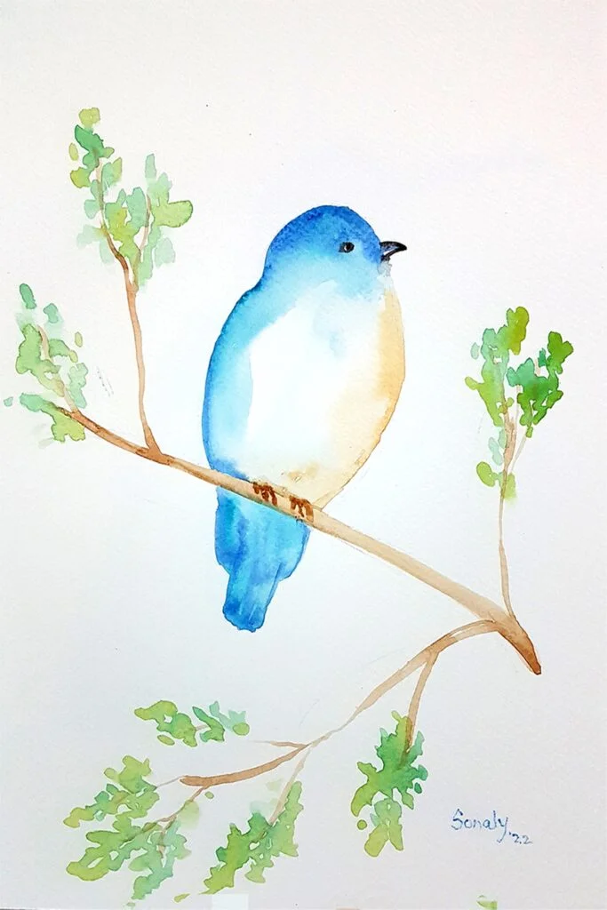 This is an original minimalist watercolor on paper painting of a rectangular shape. This artwork titled "Blue Bird" has a white paper background with the beautiful Blue Bird sitting on the branch of a tree, in the center, occupying most of the composition. Painted in bright, and vibrant hues of blue, brown, green, and more, the painting is well-balanced and very attractive. This artwork is from my watercolour series called "Birds". The fluidity of this medium offers a unique opportunity for me to let go and strike a balance between control and freedom, resulting in astonishing effects and outputs. Blue Bird, watercolor paintings for sale, painting order online, most expensive art, buy watercolor painting