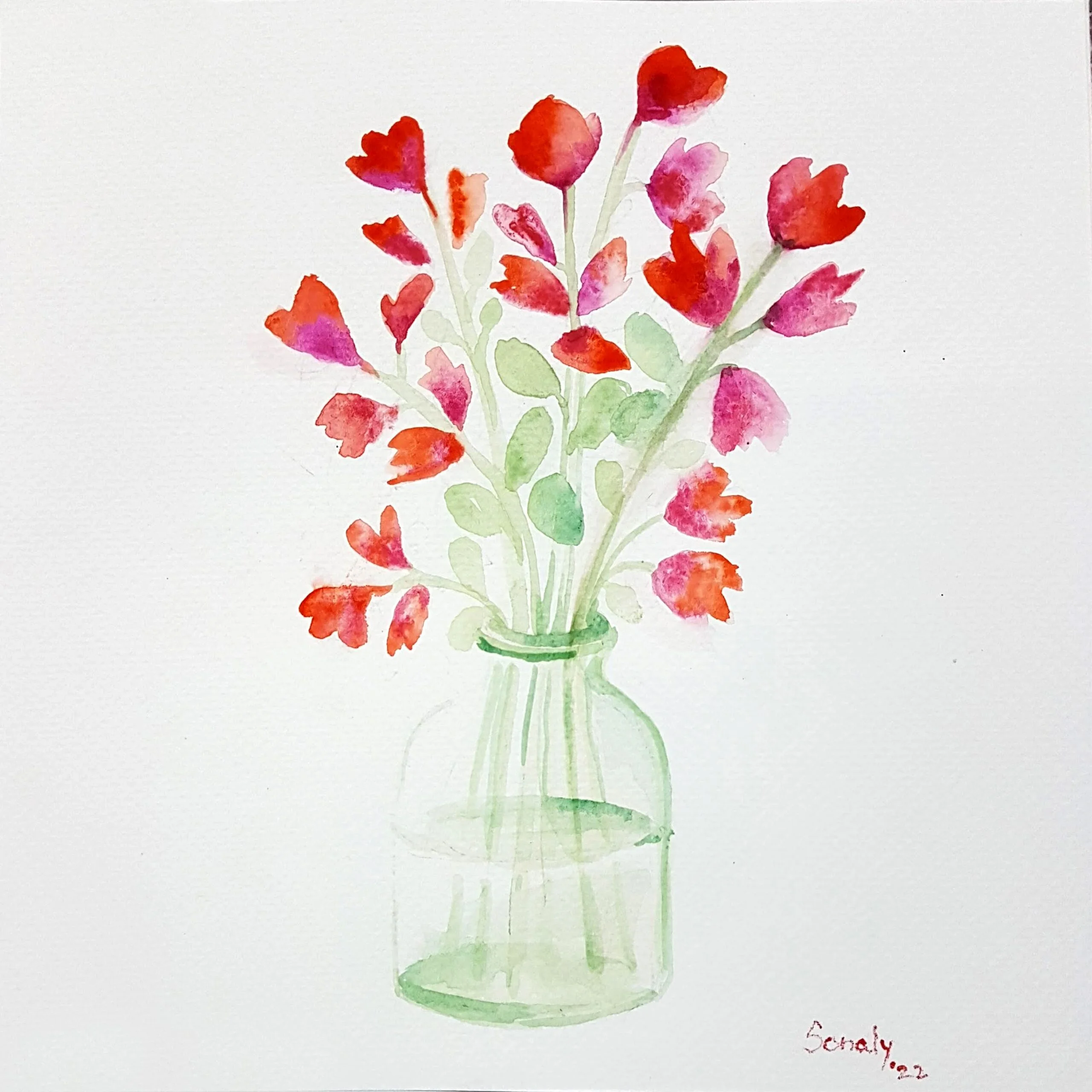 This is an original minimalist watercolor on paper painting of a square shape. The background is paper white with the beautiful delicate and Small Red flowers in the center, occupying the majority of the artwork. Painted in bright, and vibrant hues of red, orange, pink and green, the painting is well-balanced and very attractive. This artwork is from my watercolour series called "Flowers". The fluidity of this medium offers a unique opportunity for me to let go and strike a balance between control and freedom, resulting in astonishing effects and outputs Small Red Flowers, floral wall art, online store art, living famous artists, online painting sale