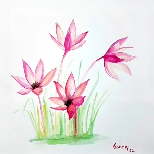 This is an original minimalist watercolor on paper painting of a square shape. The background is paper white with the beautiful Pink Lilies 2 in the center, occupying the majority of the artwork. Painted in bright, and vibrant hues of red, pink, and green, the painting is well-balanced and very attractive. This artwork is from my watercolour series called "Flowers". The fluidity of this medium offers a unique opportunity for me to let go and strike a balance between control and freedom, resulting in astonishing effects and outputs. Pink Lilies 2, flower wall painting, original artwork online, modern art artwork, original art for sale online