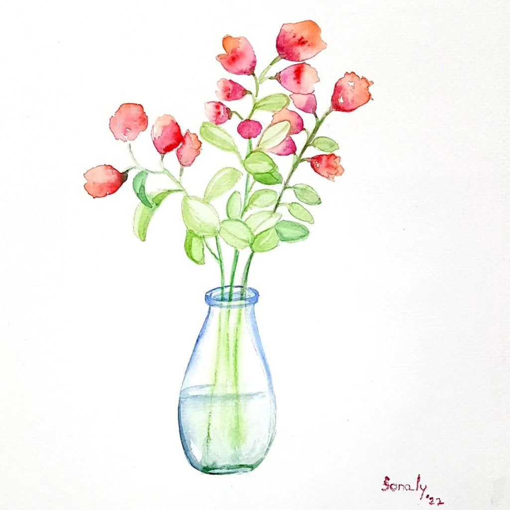 This is an original minimalist watercolor on paper painting of a square shape. The background is paper white with the beautiful and delicate Small Pink and Red flowers in the center, occupying the majority of the artwork. Painted in bright, and vibrant hues of pink, red, and green, the painting is well-balanced and very attractive. This artwork is from my watercolour series called "Flowers". The fluidity of this medium offers a unique opportunity for me to let go and strike a balance between control and freedom, resulting in astonishing effects and outputs.