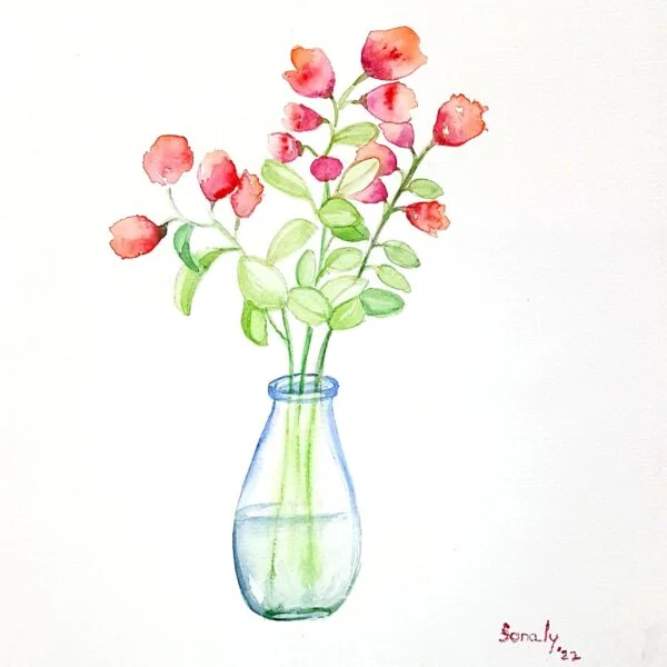 This is an original minimalist watercolor on paper painting of a square shape. The background is paper white with the beautiful and delicate Small Pink and Red flowers in the center, occupying the majority of the artwork. Painted in bright, and vibrant hues of pink, red, and green, the painting is well-balanced and very attractive. This artwork is from my watercolour series called "Flowers". The fluidity of this medium offers a unique opportunity for me to let go and strike a balance between control and freedom, resulting in astonishing effects and outputs.