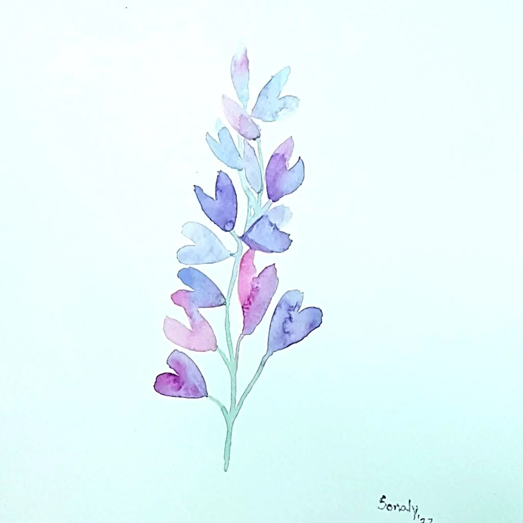 This is an original minimalist watercolor on paper painting of a square shape. The background is paper white with the beautiful Lavender flowers in the center, occupying the majority of the artwork. Painted in bright, and vibrant hues of purple, lavender and green, the painting is well-balanced and very attractive. This artwork is from my watercolour series called "Flowers". The fluidity of this medium offers a unique opportunity for me to let go and strike a balance between control and freedom, resulting in astonishing effects and outputs. Lavender, watercolor artists, painting for sale near me, modern artwork, original artwork for sale