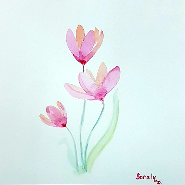 This is an original minimalist watercolor on paper painting of a square shape. The background is paper white with the beautiful Pink Lilies in the center, occupying the majority of the artwork. Painted in bright, and vibrant hues of pink, peach and green, the painting is well-balanced and very attractive. This artwork is from my watercolour series called "Flowers". The fluidity of this medium offers a unique opportunity for me to let go and strike a balance between control and freedom, resulting in astonishing effects and outputs. Pink Lilies, famous watercolor paintings, painting online shop, modern painting, buy watercolor