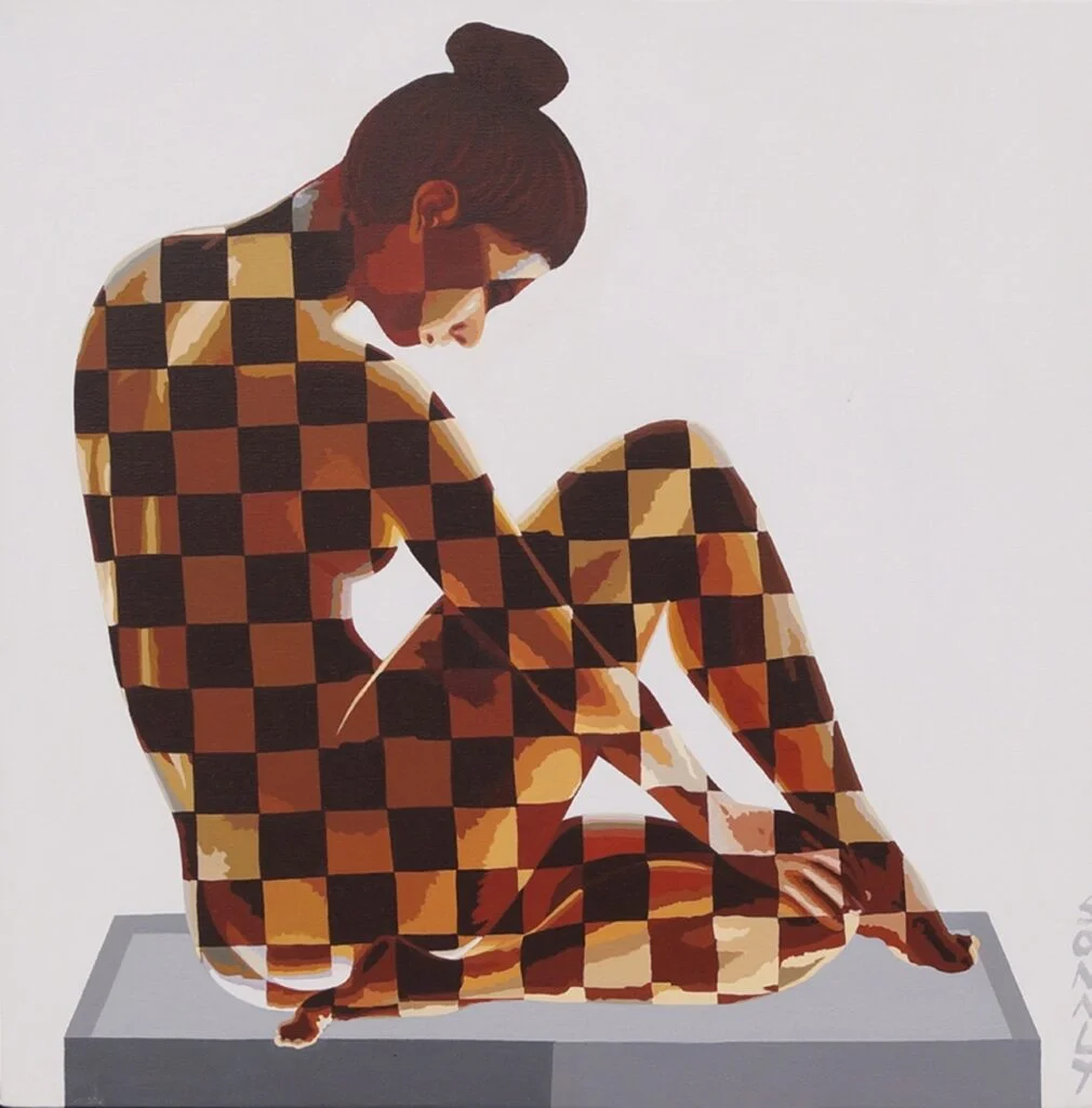 This is an original contemporary figurative painting of a square shape. It is an acrylic on canvas artwork with an off-white background with a subtle touch of light grey to it. In the center, and occupying the majority of the canvas, is a beautiful young woman sitting in an artistic pose on a grey stool. Her entire figure is covered in my signature style of checks in elegant contrasting hues of ochre and brown, making the painting well-balanced and very attractive. Through this painting, I capture the graceful and elegant posture and expression of the protagonist who is in deep thoughts of her lover. With a modern-day woman as the focal point, these artworks celebrate her inherent beauty, while also embracing her emotional expressions. Lady 1, realism art, art paintings for living room, artwork selling websites, art paintings for sale