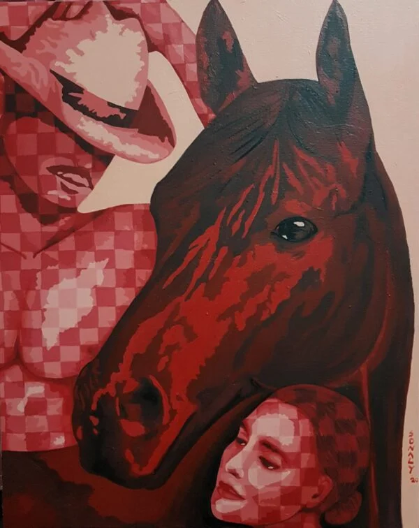 This is an original contemporary portrait painting of a rectangular shape. It is an acrylic on canvas artwork with a light cream-brown background. In the center of the canvas is a magestic brown horse. In the bottom right of the composition is the face of a lady and on the left is a man with a hat. The composition brings together a loving couple and their affection for their companion, a majestic horse. The man and lady are covered in my signature style of checks in subtle, contrasting hues of peach and brown. This artwork is from my series "In Harmony with Nature" Through this painting, I aim to capture the awe-inspiring connection between humans and the exquisite tapestry of nature that envelops us. It’s our responsibility to be compassionate towards all living creatures around us and live in harmony with nature. Couple and Horse, horse paintings, art shops, best artist websites, artwork selling websites