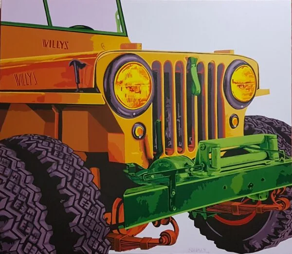 This is an original contemporary POP Art painting of a rectangular shape. It is an acrylic on canvas artwork with the Classic Vintage Car Willys Jeep in the center, and occupying the majority of the canvas. The entire automobile is covered in bright, and vibrant colors of red, yellow, green, blue, orange and more, making the painting well-balanced and very attractive. This artwork is from my series "Automobiles - Classic meets POP" Willys Jeep, pop art images, modern wall art for living room, how to start an art collection, how to buy art