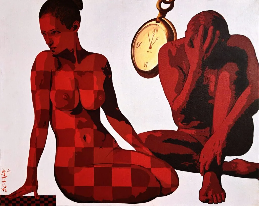 This is an original contemporary figurative painting of a rectangular shape. It is an acrylic on canvas artwork with an off-white background. As part of its composition, in the center, and occupying the majority of the canvas, are a beautiful young couple in love sitting in an artistic pose. The entire composition is in contrasting and vibrant hues of red-ochre, brown, and more to make a perfectly balanced and attractive painting. The female figure is covered in checks which form my signature style of symetric shapes. This painting portrays the romantic moments shared by a couple in love. This work is from my figurative series called "Bold and Beautiful". Couple in Love 12, nude painting, artist selling art online, best painters, buy art paintings
