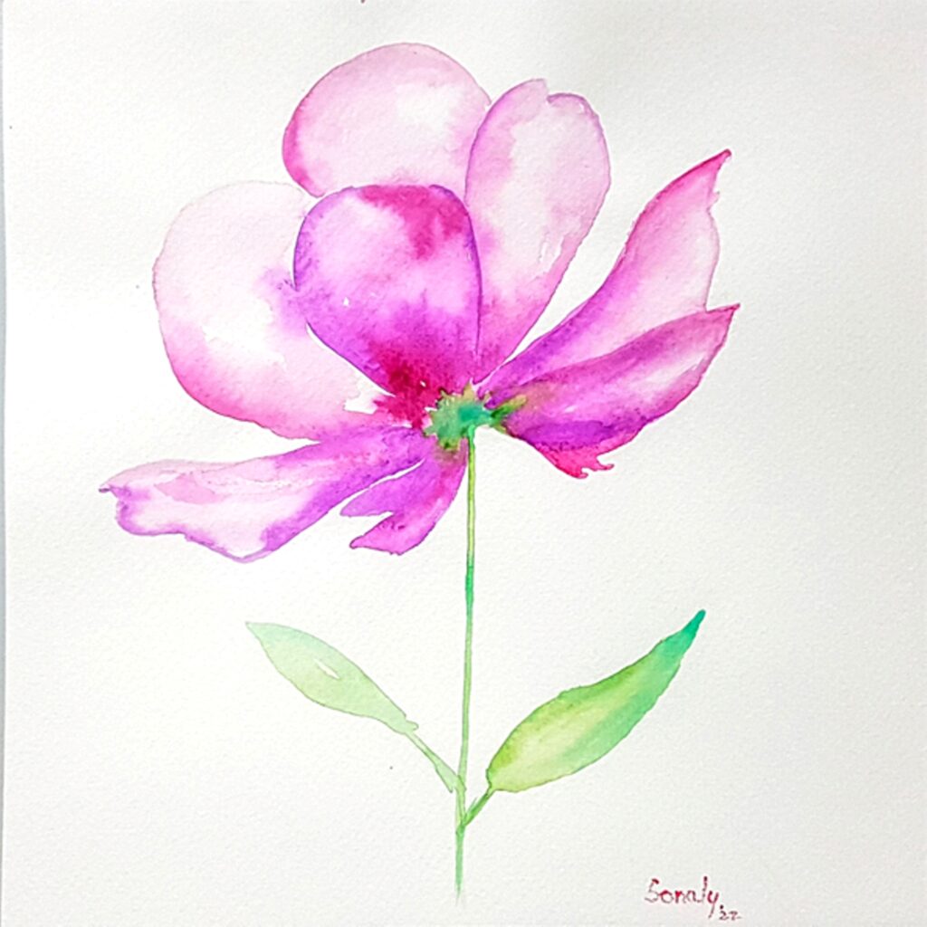 This is an original minimalist watercolor on paper painting of a square shape. The background is paper white with the beautiful Pink Camellia flowers in the center, occupying the majority of the artwork. Painted in bright, and vibrant hues of purple, pink and green, the painting is well-balanced and very attractive. This artwork is from my watercolour series called "Flowers". The fluidity of this medium offers a unique opportunity for me to let go and strike a balance between control and freedom, resulting in astonishing effects and outputs