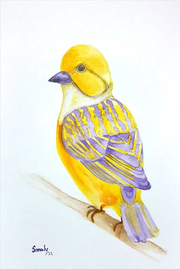 This is an original minimalist watercolor on paper painting of a rectangular shape. This artwork titled "Goldfinch" has a white paper background with the beautiful Goldfinch Bird sitting on the branch of a tree, in the center, occupying most of the composition. Painted in bright, and vibrant hues of yellow, purple, brown, and more, the painting is well-balanced and very attractive. This artwork is from my watercolour series called "Birds". The fluidity of this medium offers a unique opportunity for me to let go and strike a balance between control and freedom, resulting in astonishing effects and outputs. Goldfinch, flamingo painting, paintings selling sites, original art paintings, paintings for sale