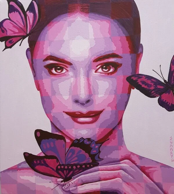 This is an original contemporary portrait painting of a rectangular shape. It is an acrylic on canvas artwork with a light purple-pink background. In the center, and occupying the majority of the canvas, is the face of a beautiful young woman. She is looking directly at the viewer with loving eyes and a gentle smile on her face. She is covered in my signature style of checks in subtle, contrasting hues of purple and pink. Three butterflies in the same but darker hues are flying around her. This artwork is from my series "In Harmony with Nature". Through this painting, I aim to capture the awe-inspiring connection between humans and the exquisite tapestry of nature that envelops us. It’s our responsibility to be compassionate towards all living creatures around us and live in harmony with nature. Lady and Butterflies, modern portrait art, art painting shop, Artwork Investment, art on sale