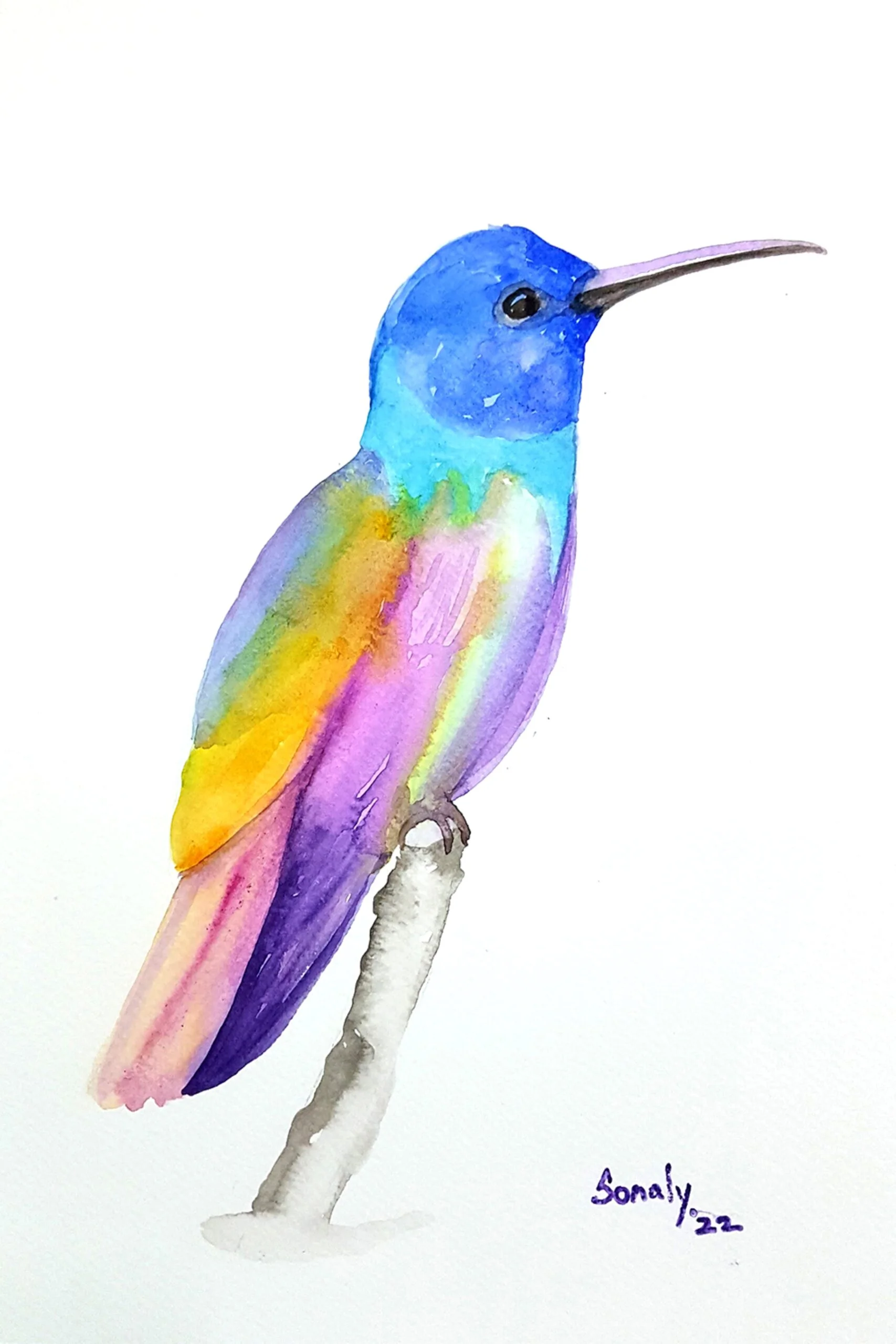 This is an original minimalist watercolor on paper painting of a rectangular shape. This artwork titled "Hummingbird" has a white paper background with the beautiful Hummingbird sitting on the branch of a tree, in the center, occupying most of the composition. Painted in bright, and vibrant hues of yellow, orange, blue, brown, green, and more, the painting is well-balanced and very attractive. This artwork is from my watercolour series called "Birds". The fluidity of this medium offers a unique opportunity for me tolet go and strike a balance between control and freedom, resulting in astonishing effects and outputs. Hummingbird, hummingbird art, purchase art online, original artwork, paintings for sale online