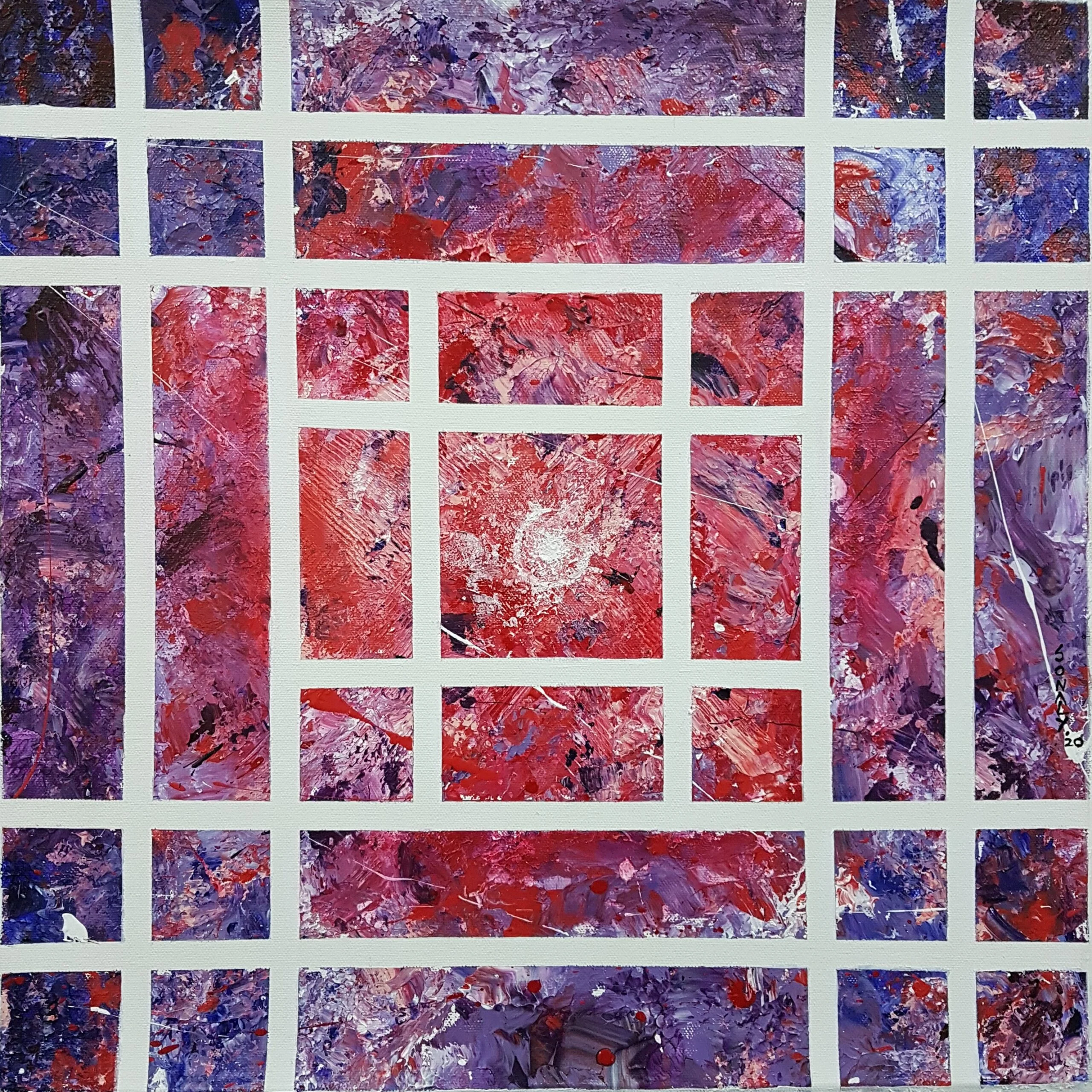 This is an original contemporary acrylic on canvas painting of a square shape. It is a heavily textured, abstract artwork in vibrant colors like white, pink, purple, and blue in a very balanced manner, making the painting very attractive. The entire canvas is covered in horizontal and vertical lines which form my signature style of checks. The center of the painting has a white circle that emits rays of colors in all directions. This painting is from my Abstract Series "Rays of Hope" Rays of hope 3, abstract painting in purple and pink, fine art online, famous painters paintings, cheap artwork for sale