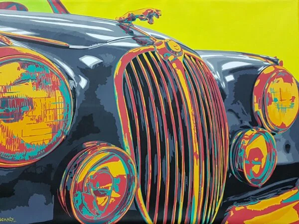 This is an original contemporary POP Art painting of a rectangular shape. It is an acrylic on canvas artwork with the Classic Vintage Car Jaguar in the center, and occupying the majority of the canvas. The entire automobile is covered in bright, and vibrant colors of black, grey, red, yellow, green, orange, and more, making the painting well-balanced and very attractive. This artwork is from my series "Automobiles - Classic meets POP" Jaguar, pop art movement, online art, large art, how to buy art from a gallery