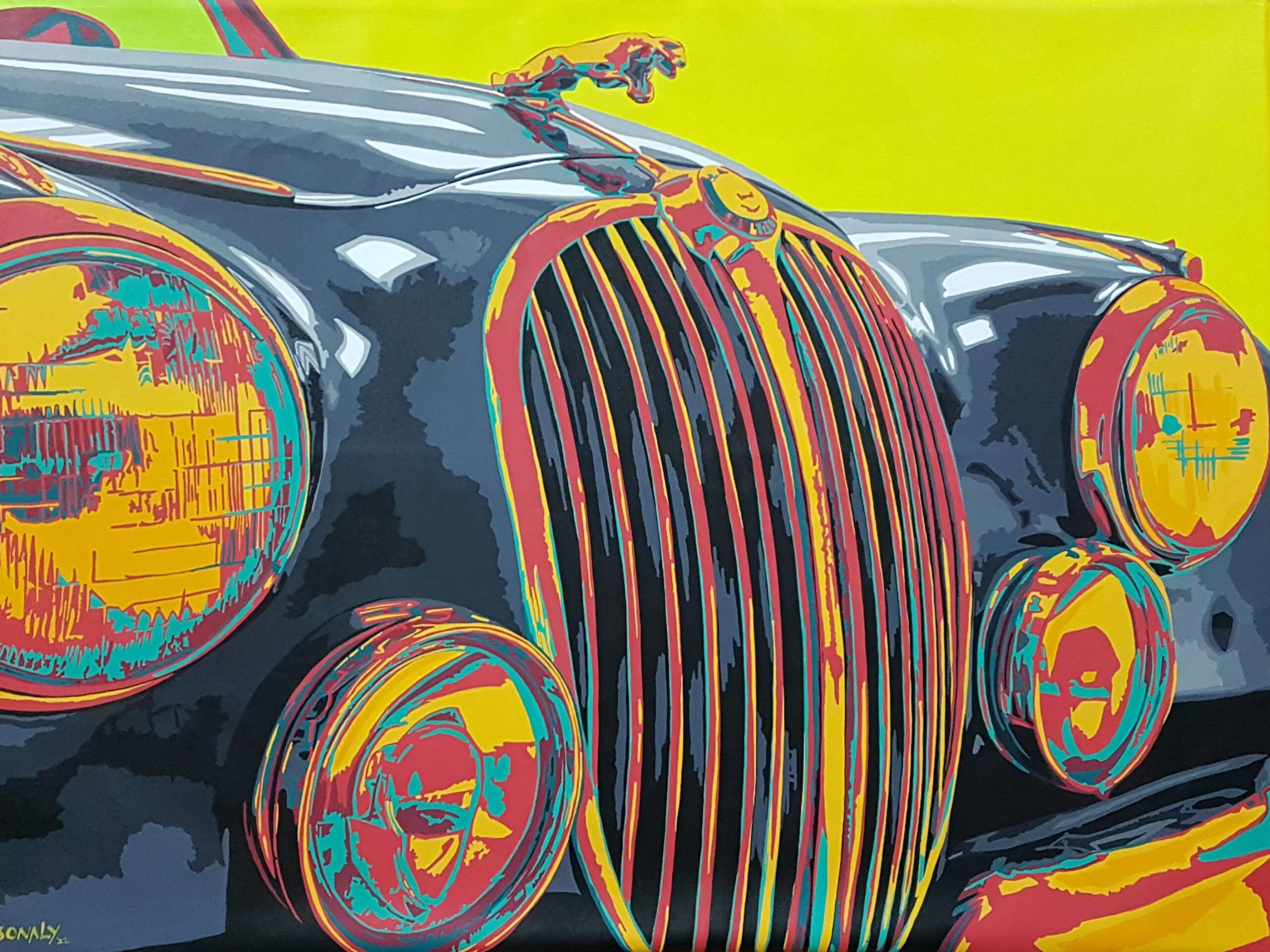 This is an original contemporary POP Art painting of a rectangular shape. It is an acrylic on canvas artwork with the Classic Vintage Car Jaguar in the center, and occupying the majority of the canvas. The entire automobile is covered in bright, and vibrant colors of black, grey, red, yellow, green, orange, and more, making the painting well-balanced and very attractive. This artwork is from my series "Automobiles - Classic meets POP" Jaguar, pop art movement, online art, large art, how to buy art from a gallery